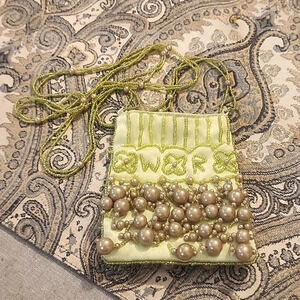 Vintage Soft Green Pearl Beaded Satin Shoulder Strap Satchel Pouch
